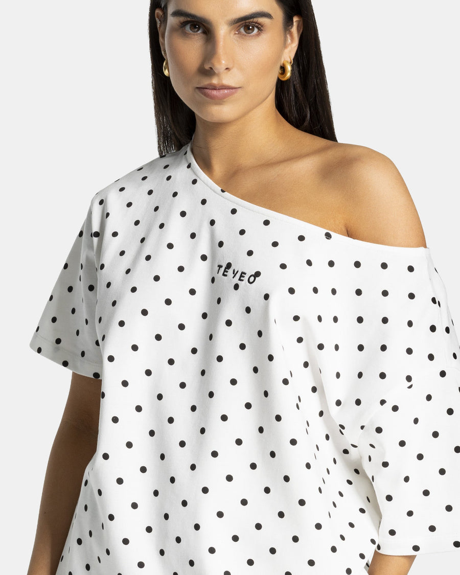 Contrastline Off-Shoulder T-Shirt "Polkadot Weiß"