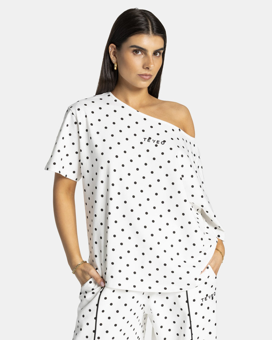 Contrastline Off-Shoulder T-Shirt "Polkadot Weiß"