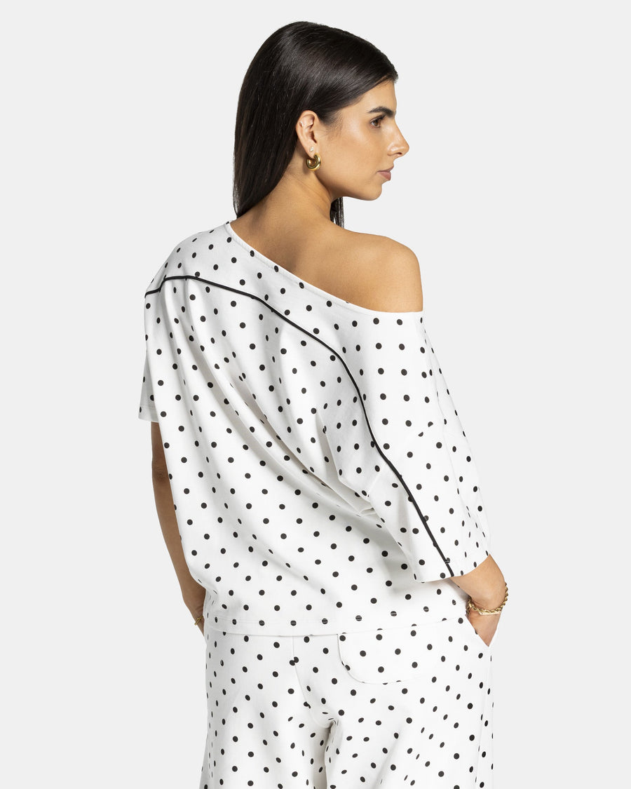 Contrastline Off-Shoulder T-Shirt "Polkadot Weiß"
